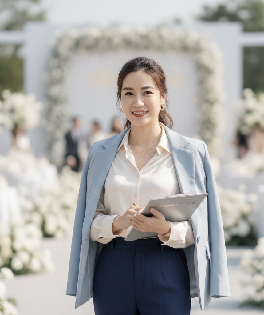 Nhà tổ chức tiệc cưới đang sắp xếp bàn tiệc tại địa điểm cưới